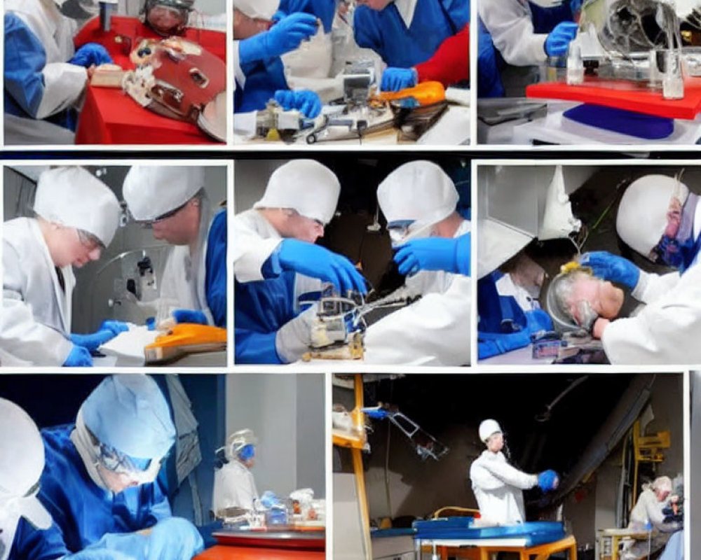 Technicians in lab coats assembling mechanical parts in high-tech lab