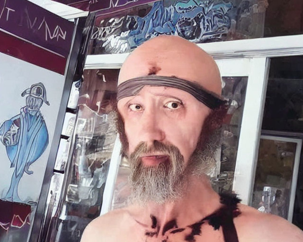Surprised shirtless man with headband in front of graffiti storefront
