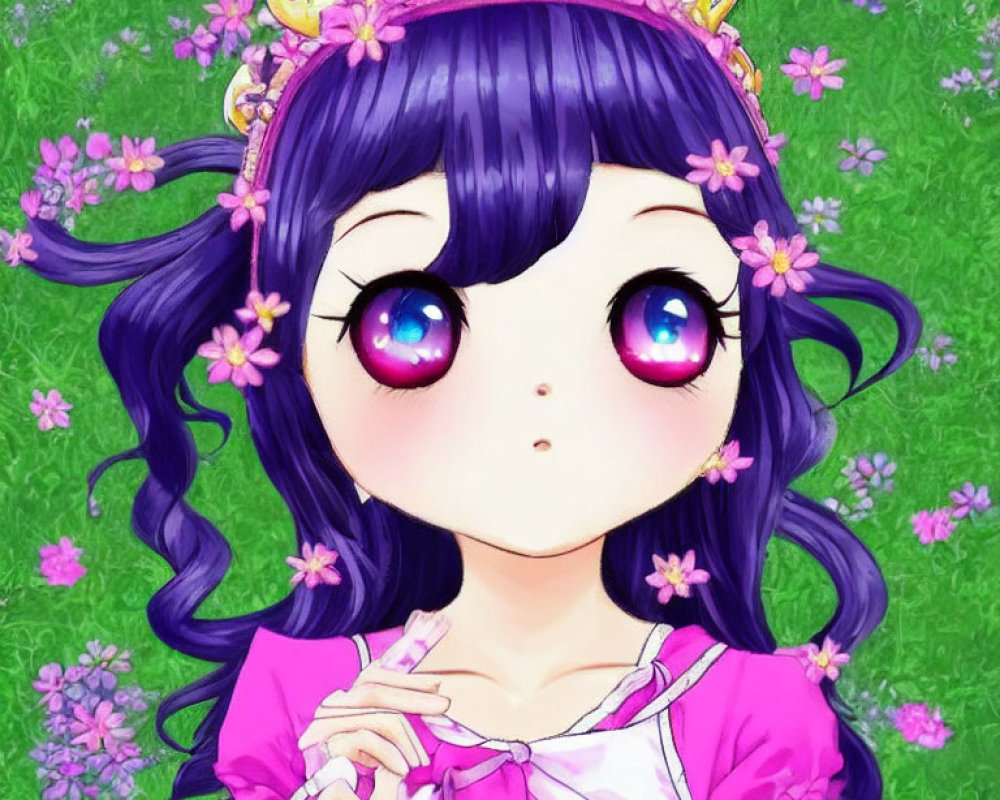 Illustration of girl with purple eyes, flower crown, dark hair, pink outfit, floral background