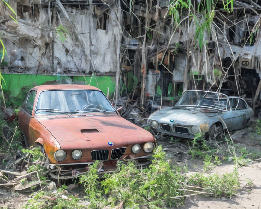 Abandoned red and faded cars with overgrown vegetation near rundown building