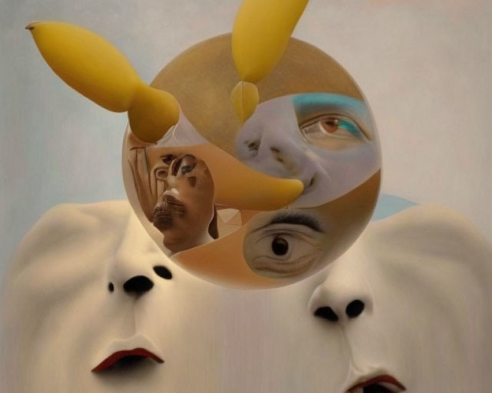 Surreal artwork featuring floating golden orb, human figures, and cloudy lips
