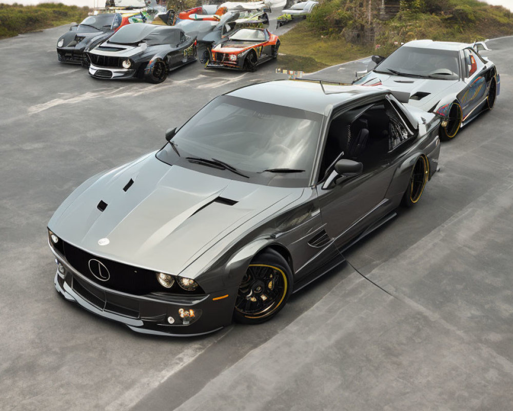 Customized Performance Cars Parked on Asphalt with Dark Sports Car and Distinctive Striping