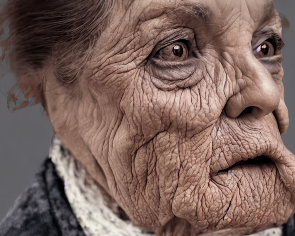 Elderly woman with deep wrinkles and aged skin on neutral background