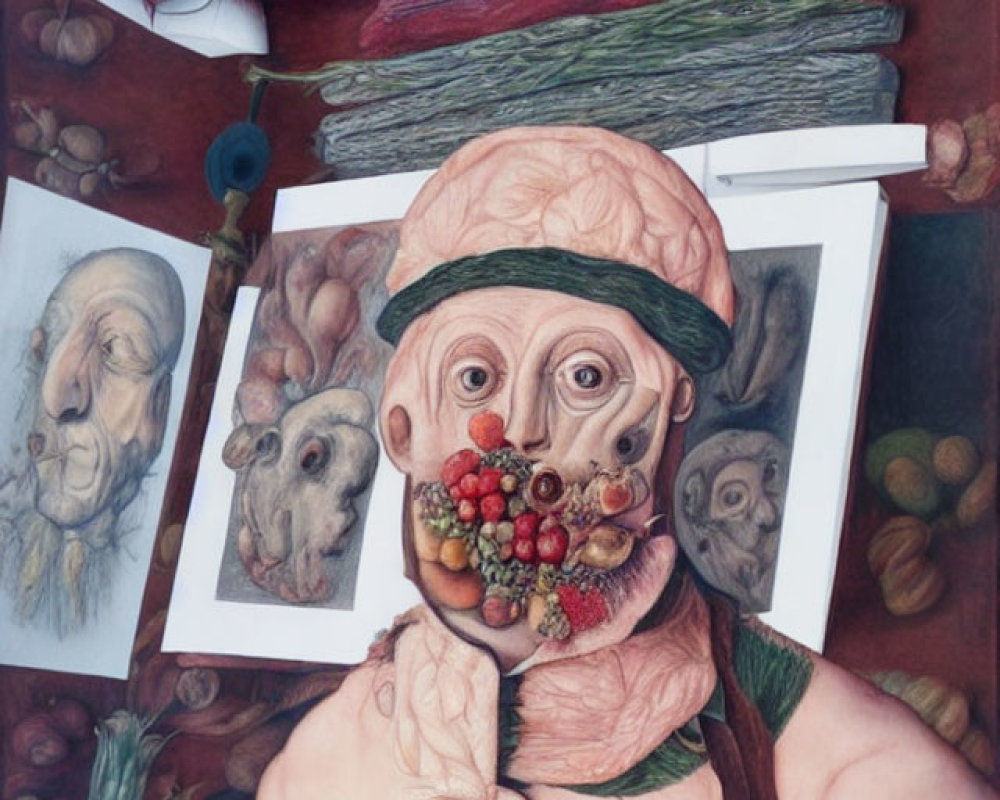 Surreal Artwork: Person with Fruit and Vegetable Facial Features