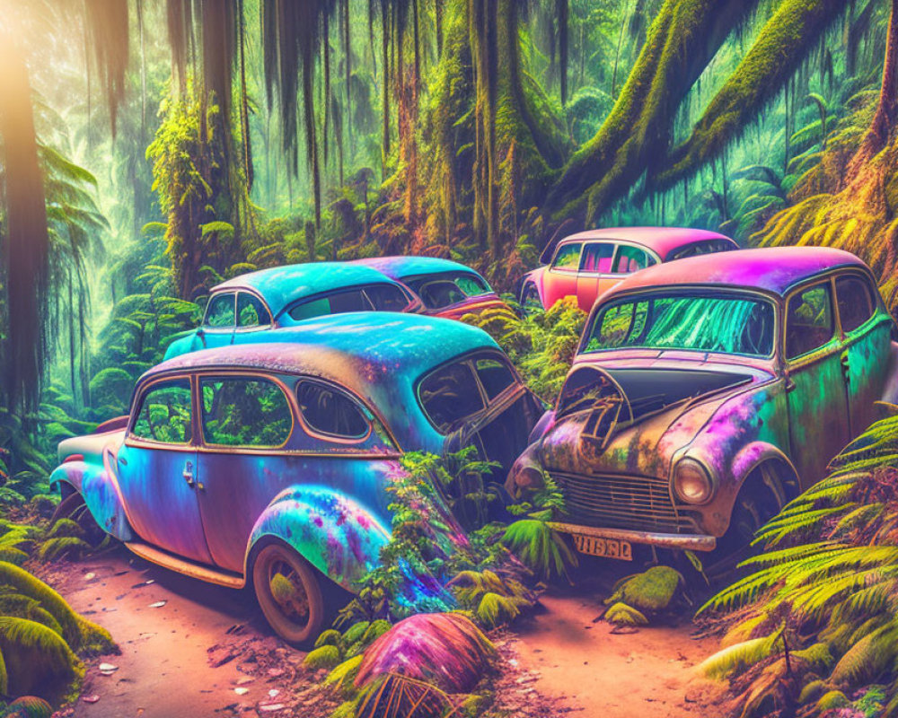 Abandoned Vintage Cars in Vibrant Forest Clearing