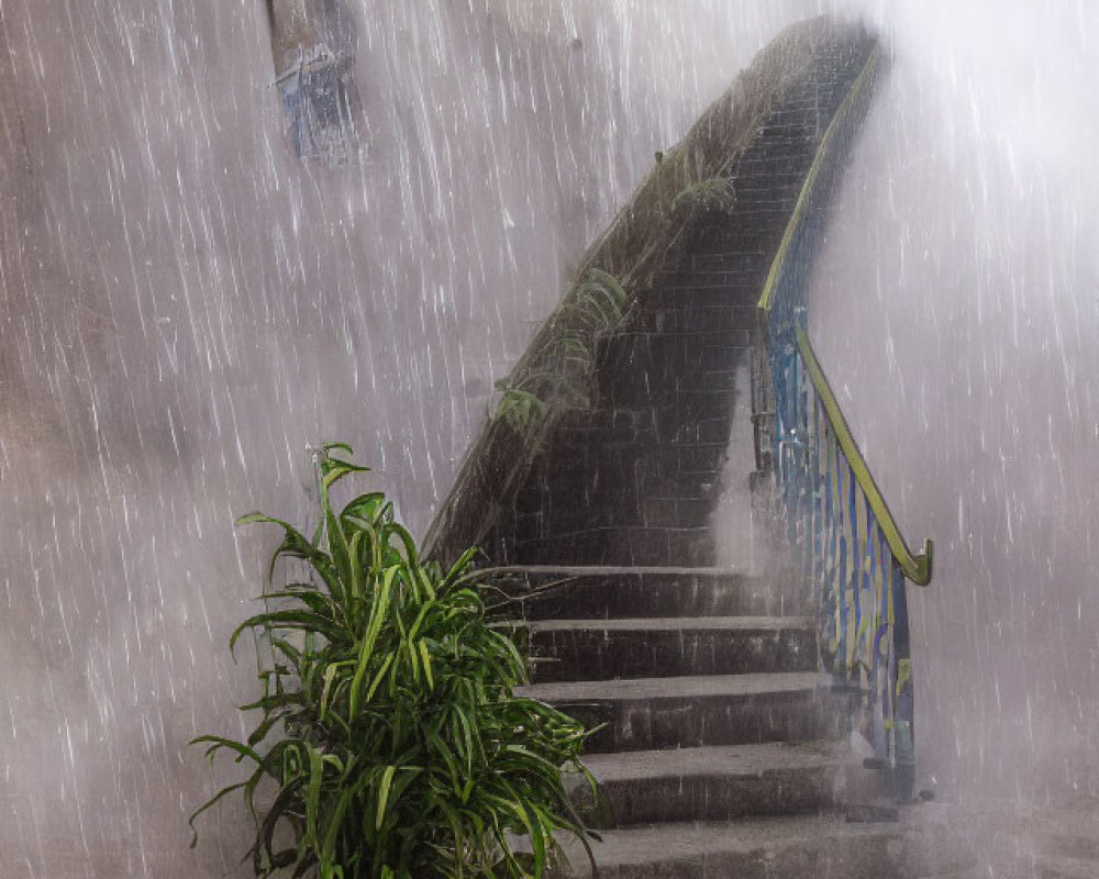 Intense rainfall over outdoor staircase with lush green plants
