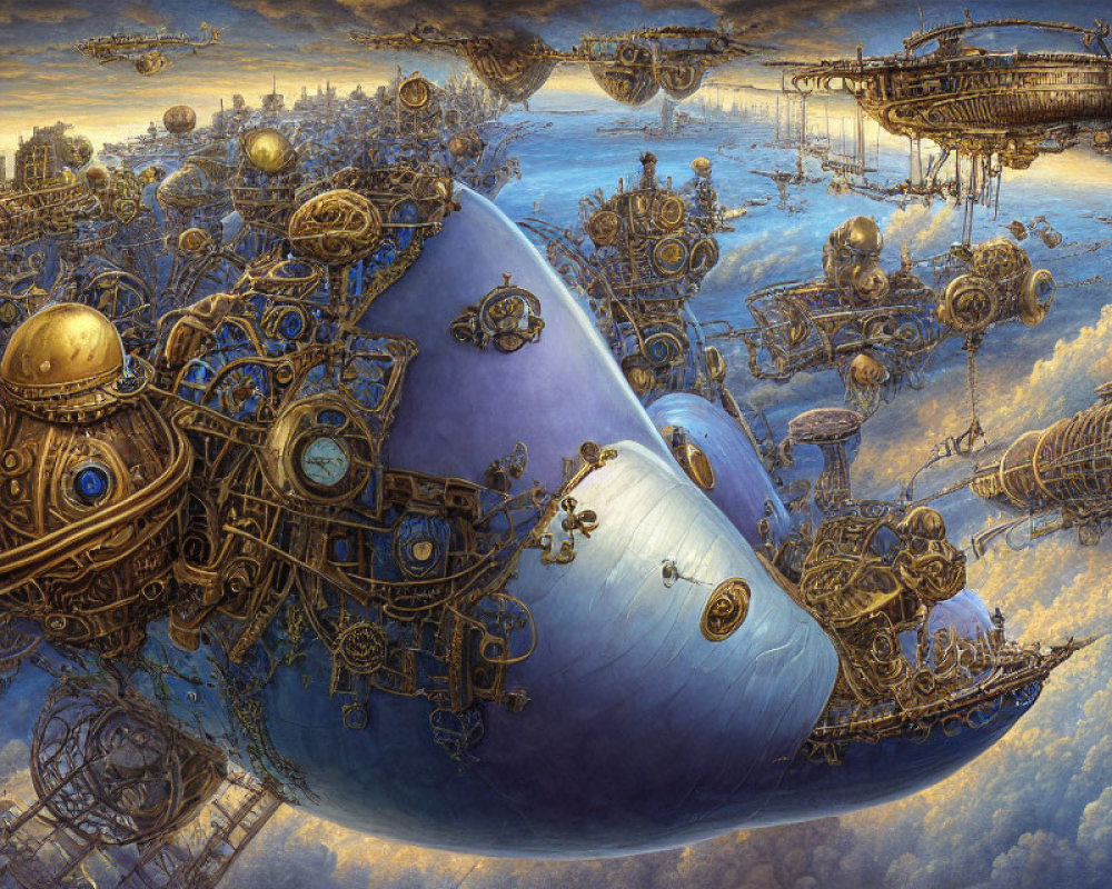 Steampunk cityscape with airships and machinery above giant blue sphere