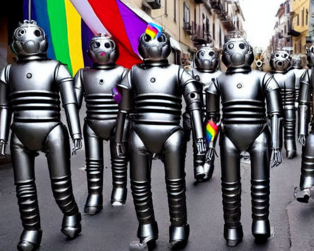 Silver robot-costumed individuals with spherical helmets parade with rainbow flags.