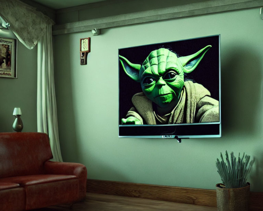Cozy living room with large TV showing Yoda, brown couch, soft lighting