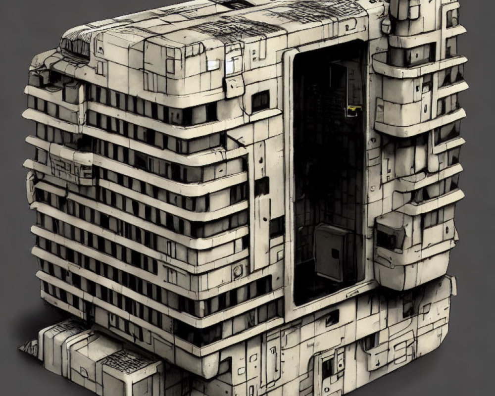 Detailed 3D model: Futuristic cube-shaped building with open doorway, intricate textures, and industrial