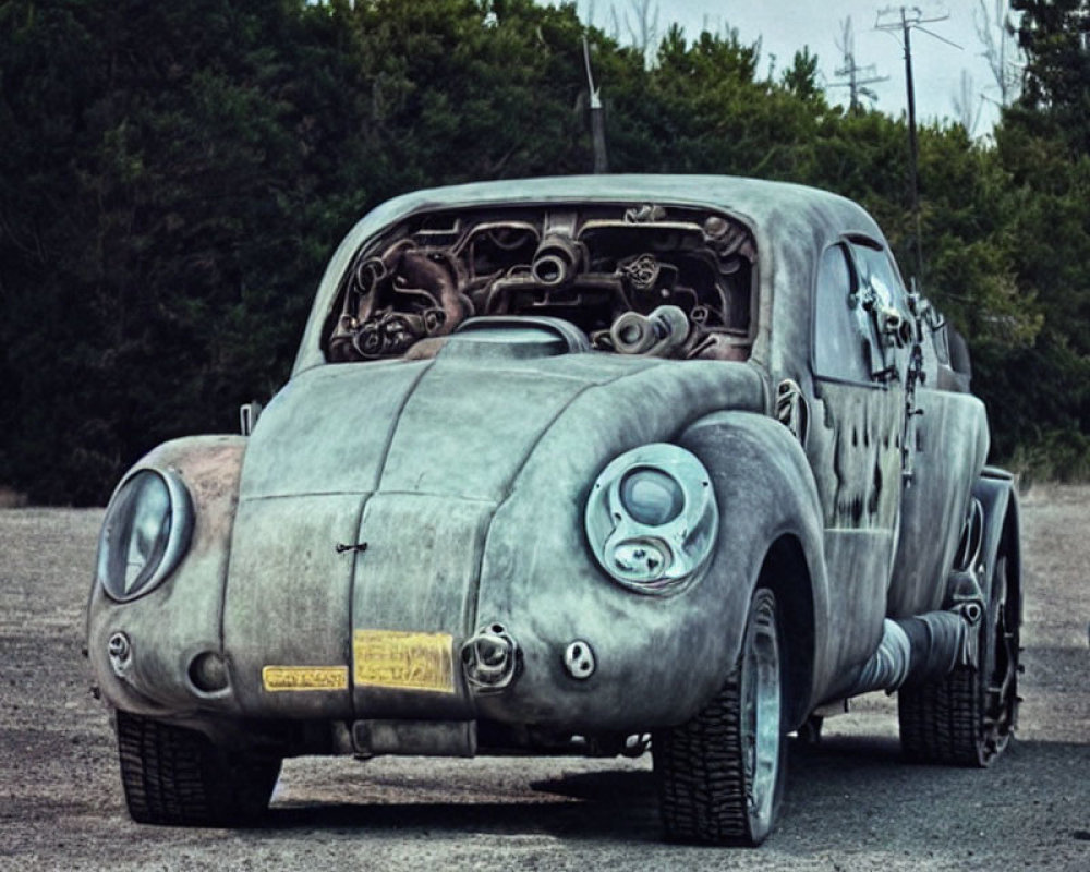 Vintage car photo featuring exposed engine and weathered exterior