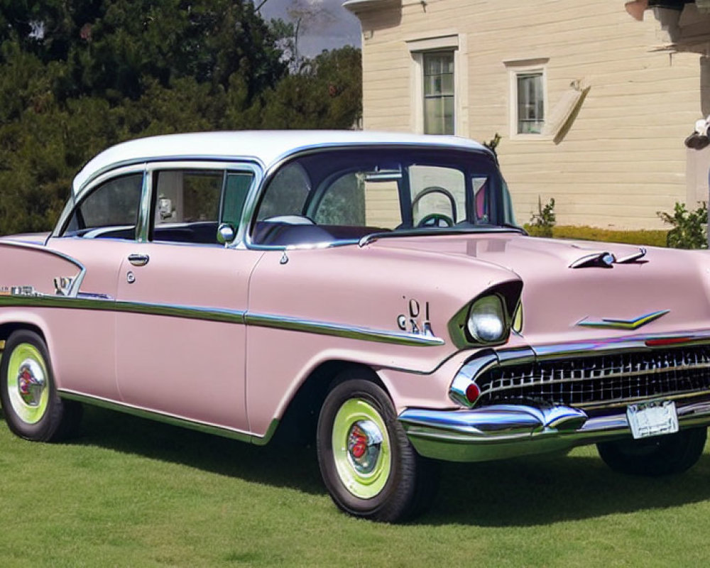 Vintage 1957 Chevrolet Bel Air in Pink and White on Grassy Lawn