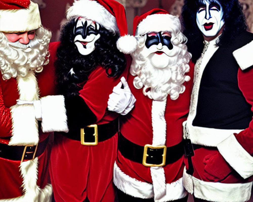 Four individuals in Santa Claus outfits with two in KISS face paint
