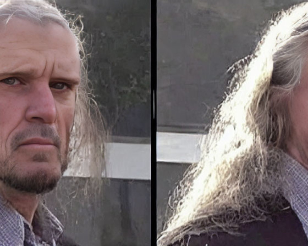 Man with long gray hair and checked shirt in side-by-side image