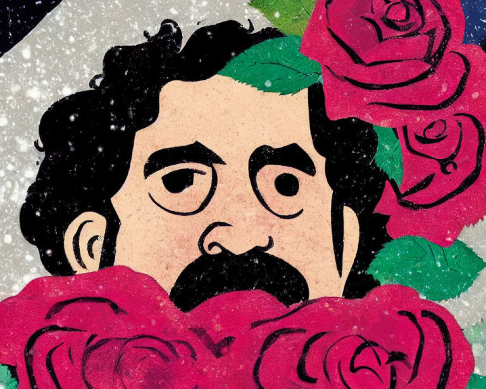 Illustration of person with dark curly hair and beard among red roses on blue background