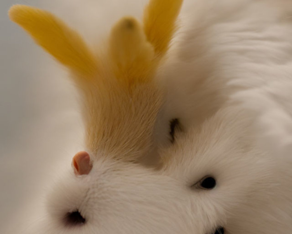 Fluffy white rabbit with prominent ears and dark eyes