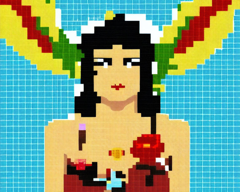 Dark-haired woman in colorful headdress with candle and apple on turquoise grid.