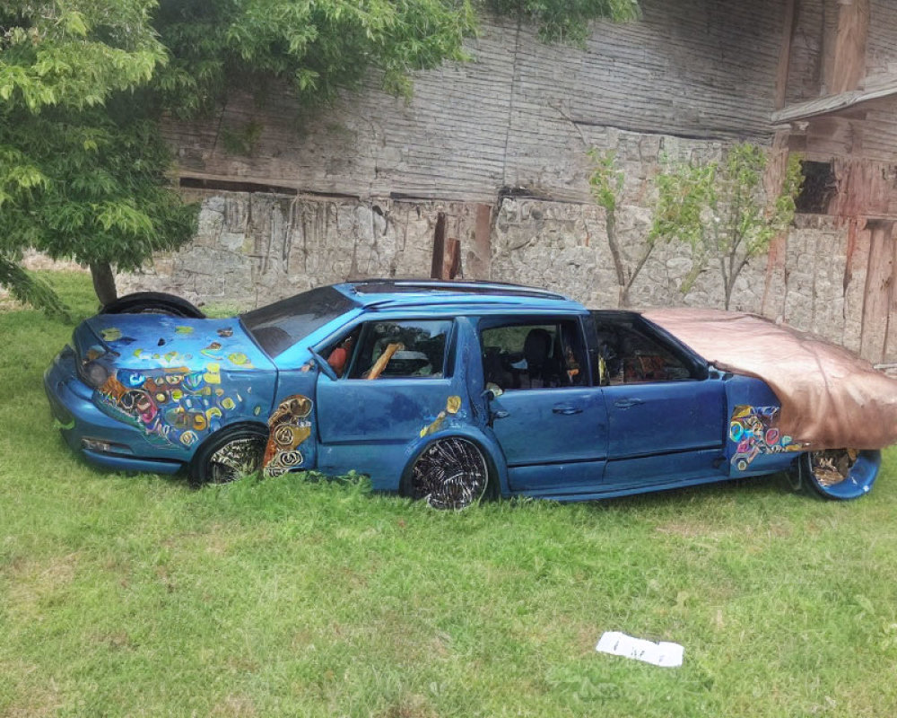 Blue car with graffiti parked on grass, missing wheels and propped on bricks