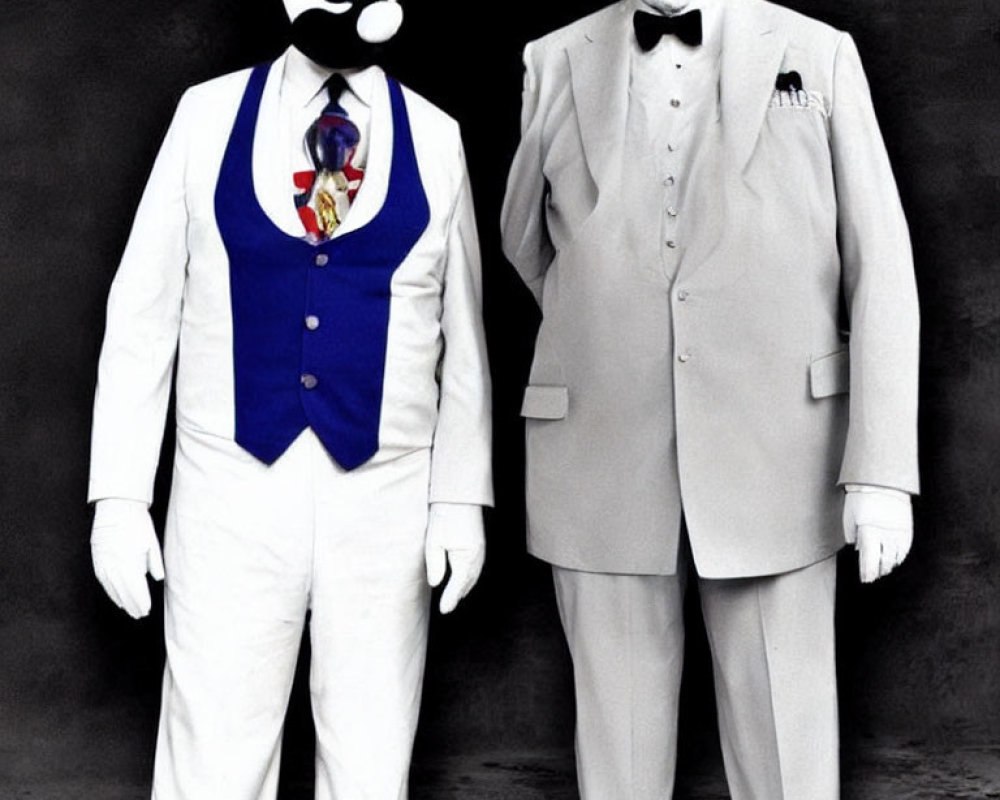 Two people in white suits with oversized masks and white hair, one in a blue vest and the other