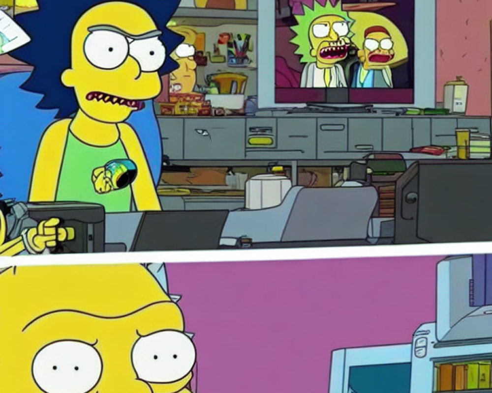 Split-screen image: Maggie with pacifier below, Marge above watching Rick and Morty on TV