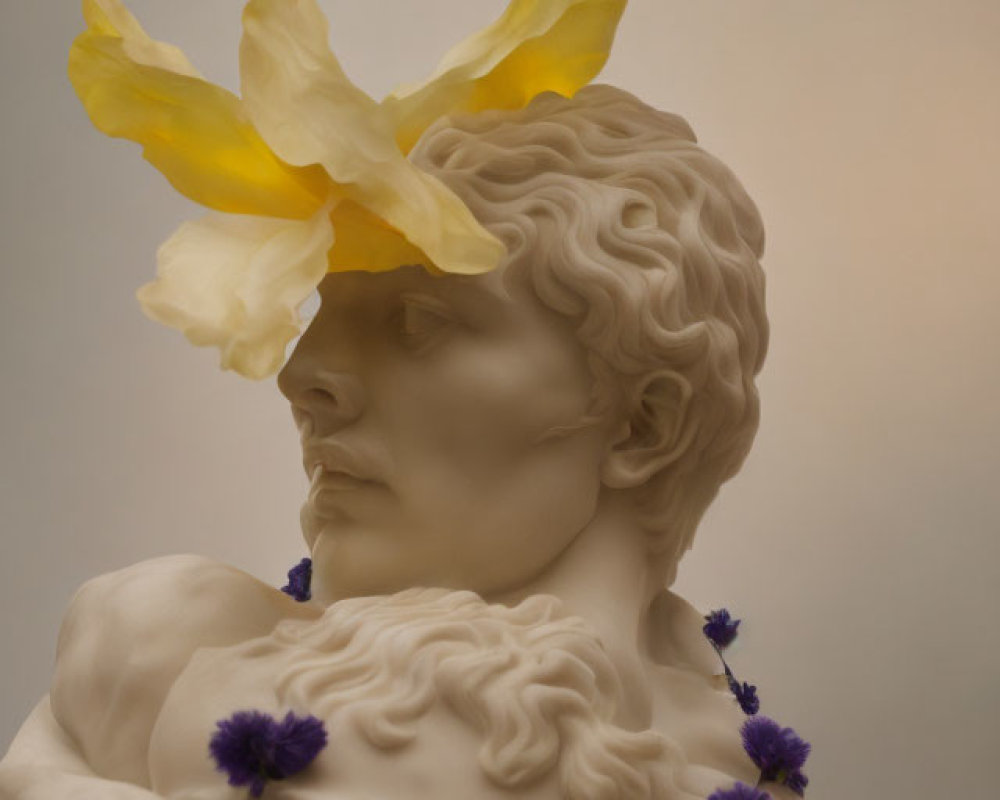 Sculpted bust with wavy hair, yellow flower accessory, and purple flowers