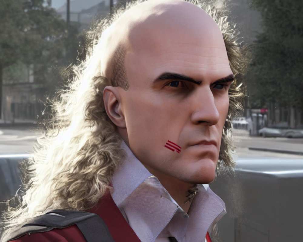 Digital artwork: Male character with half-bald head, intense gaze, scar on cheek, white side