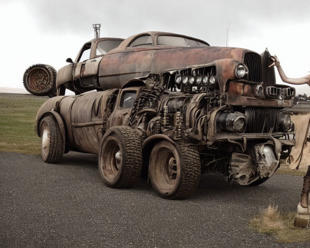 Modified post-apocalyptic vehicle with oversized tires on barren landscape