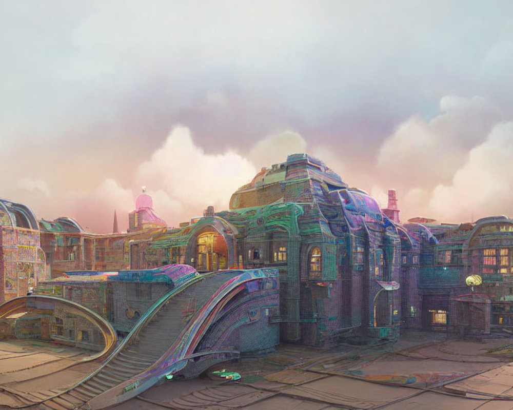Futuristic cityscape with iridescent buildings and pastel-colored sky