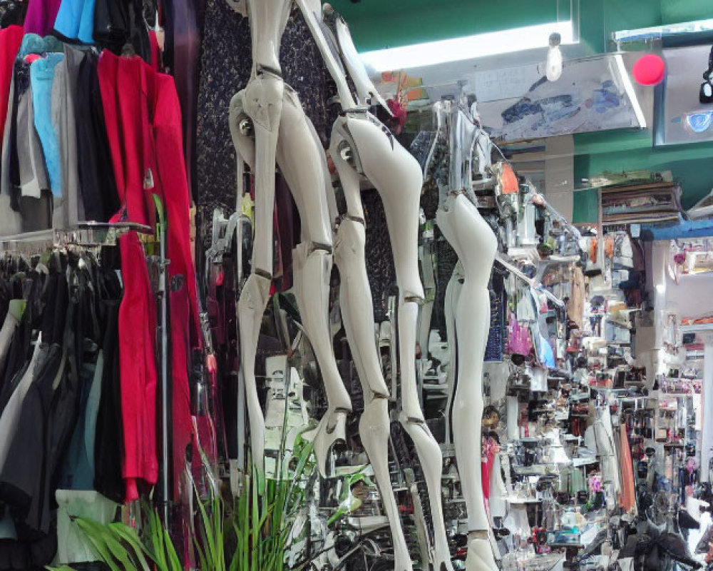 Clothing Store Interior with Mannequin Legs and Garments