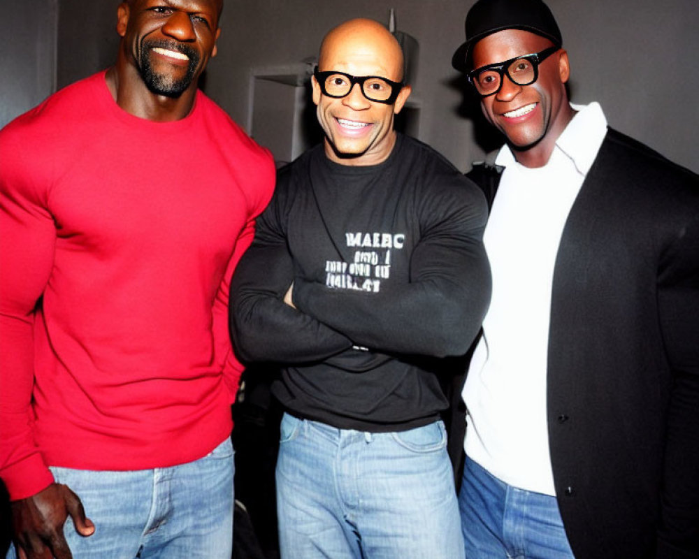 Three Men Smiling in Glasses, Red Shirt, Gray Tee & Black Jacket