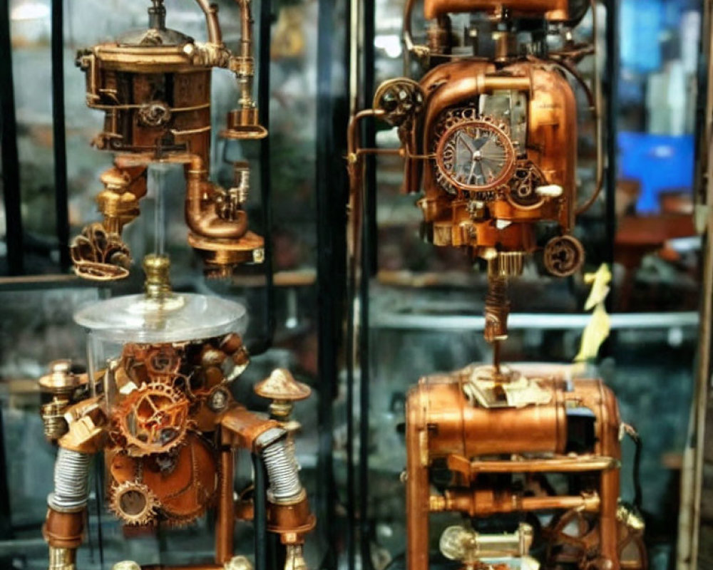 Steampunk-inspired machine sculptures with gears and metallic finishes on glass shelf