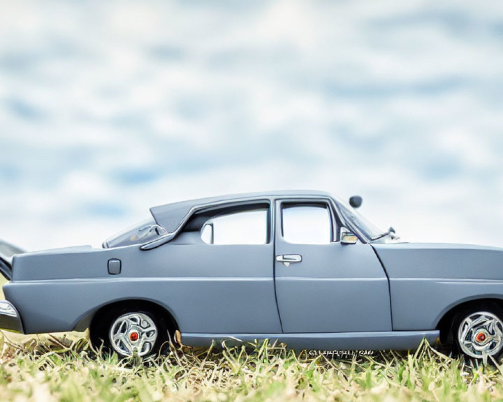 Classic Car Scale Model with Open Door on Grass Under Cloudy Sky
