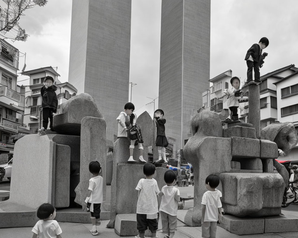 Kids interact with urban sculpture in black and white cityscape