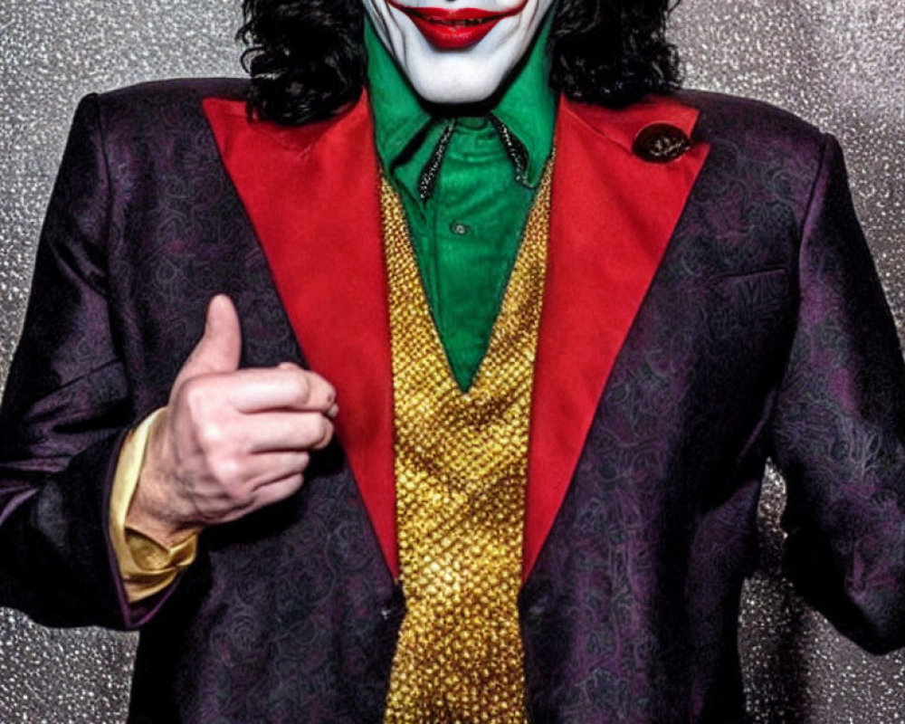 Character in Red and Black Joker Costume with Green Shirt and Gold Vest Giving Thumbs-Up