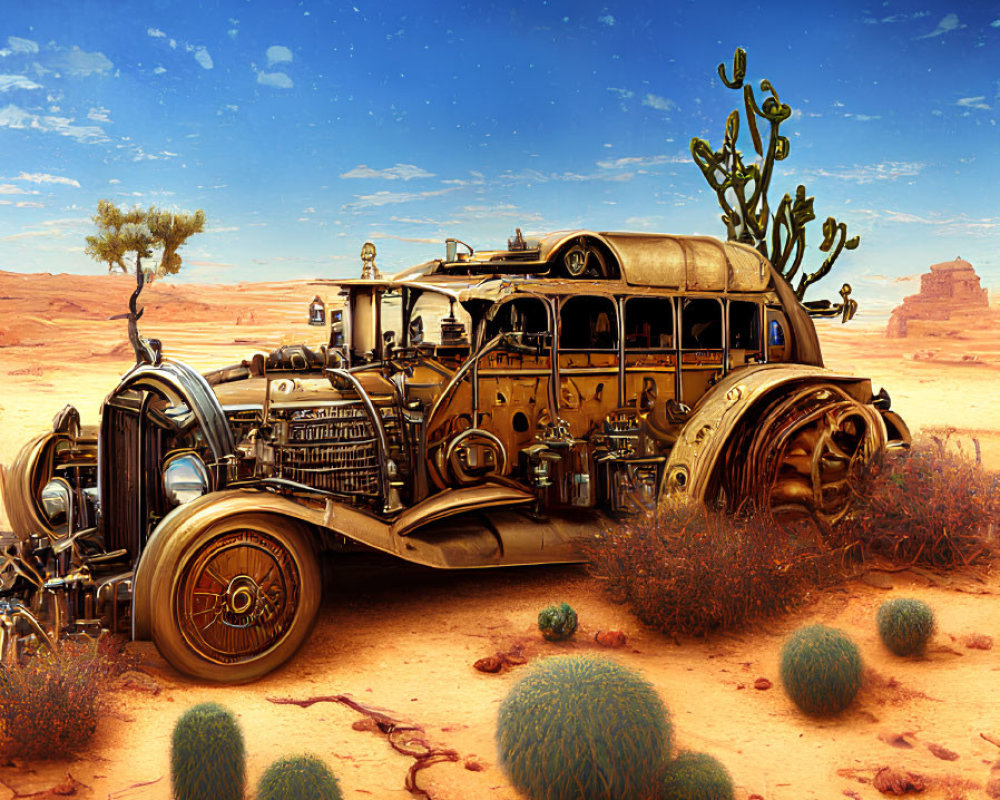 Steampunk vehicle with gears in desert landscape