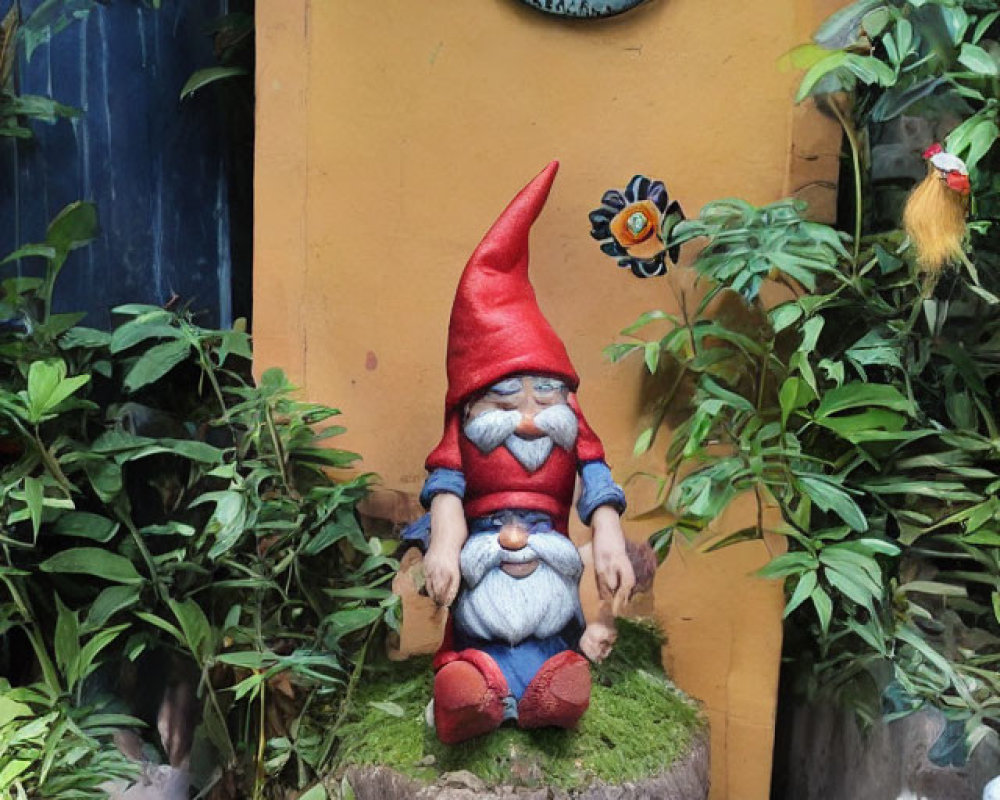 Red-hat garden gnome on tree stump with green plants against yellow wall