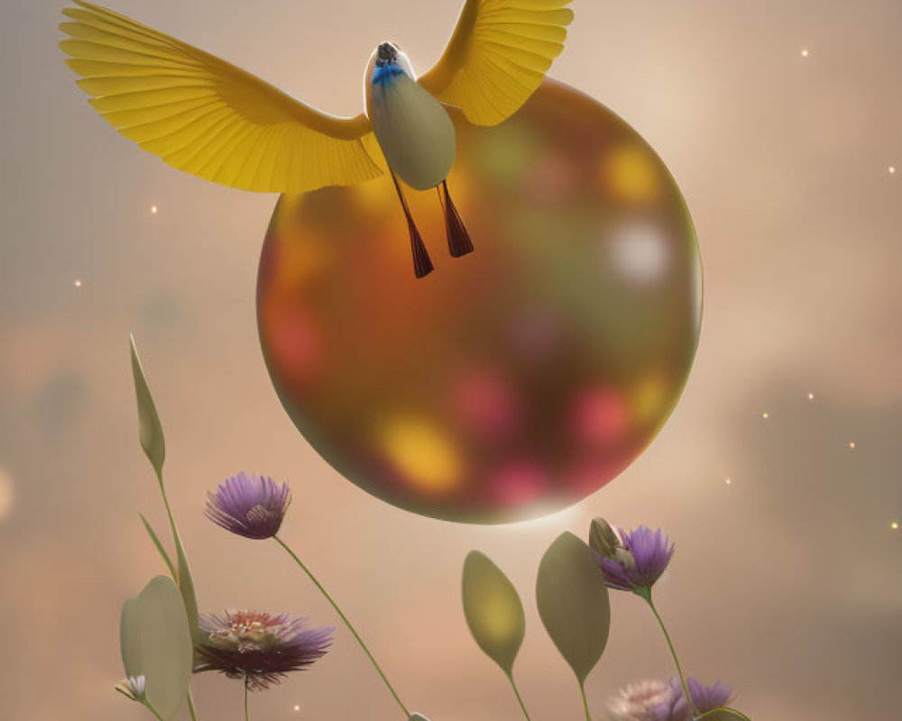 Colorful bird with extended yellow wings hovering above vibrant marble amidst sparkling particles and flowers