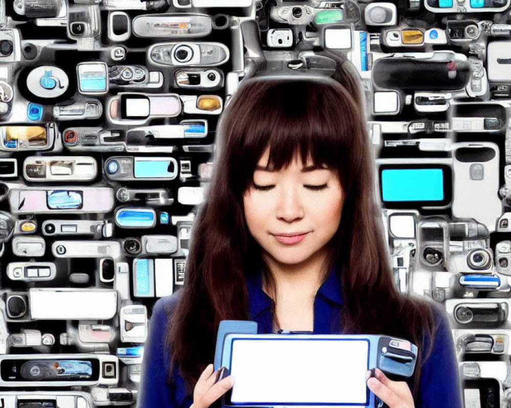 Woman Holding Tablet Surrounded by Digital Devices Collage