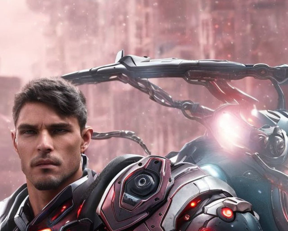 Man in futuristic armor with red elements in front of sci-fi cityscape.