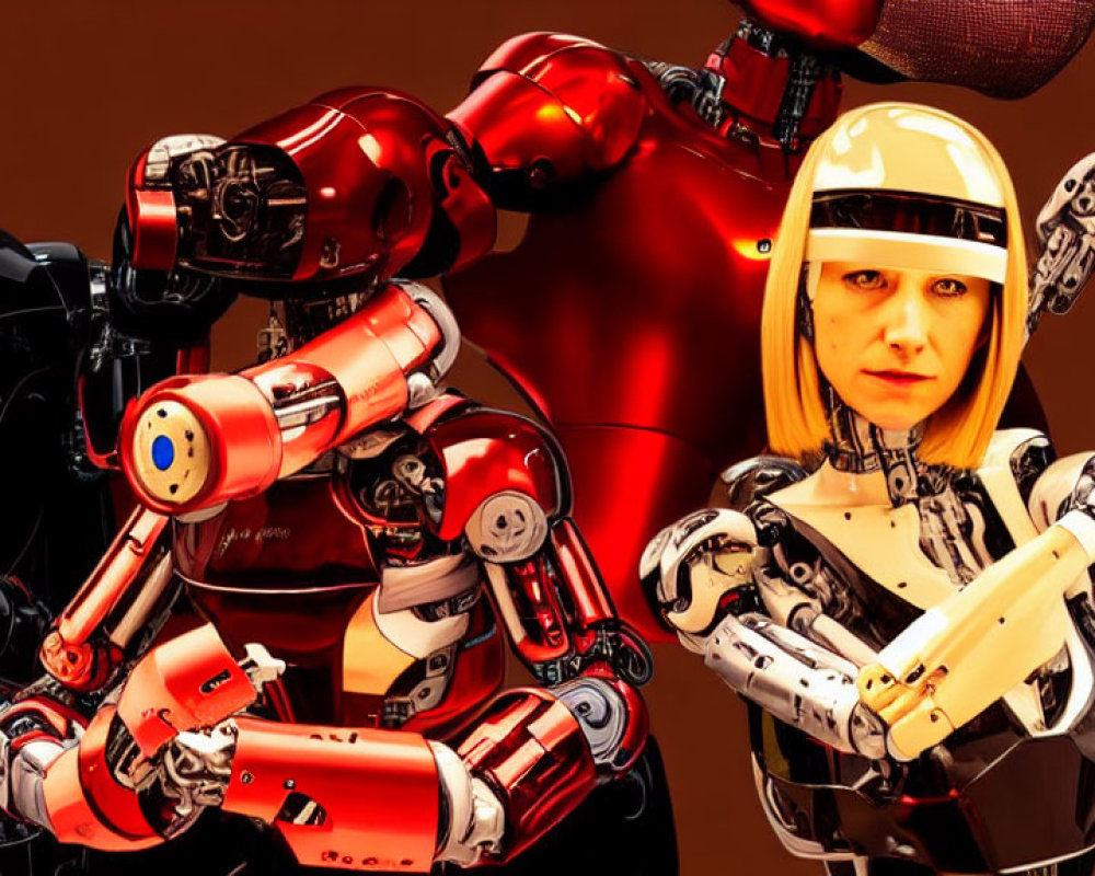 Futuristic woman with robots in red and silver on warm background