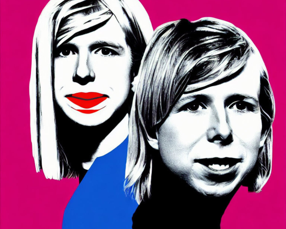 Contrasting profile faces in pop art style on pink background