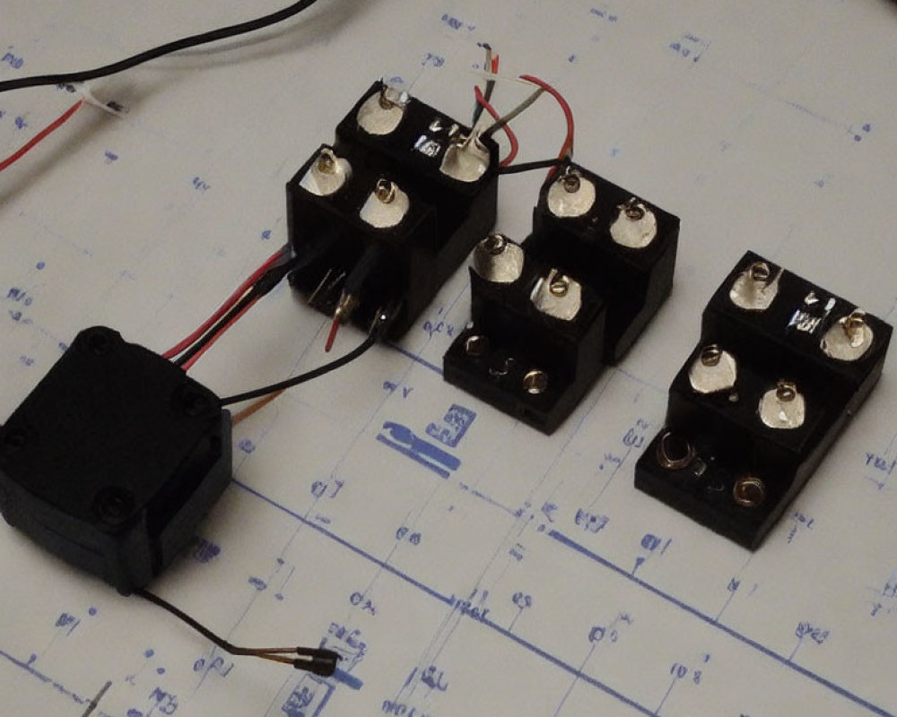 Four black electrical relays with red and black wires on schematic diagram