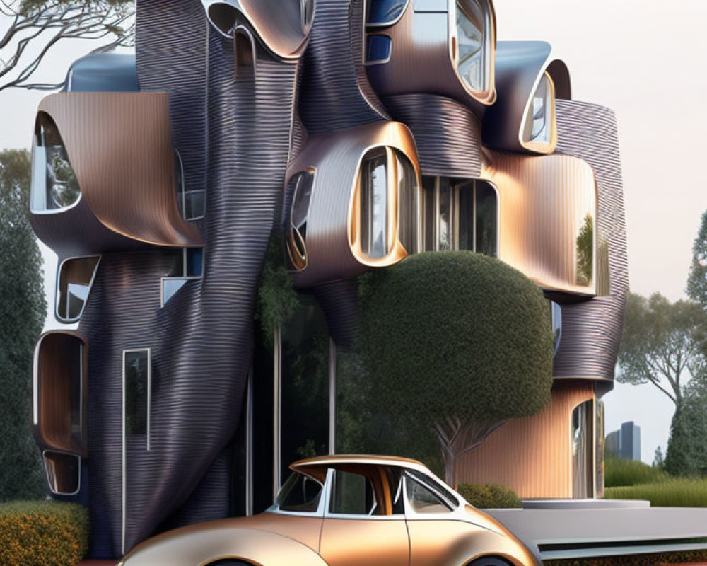 Fluid wavy architecture meets classic car in bronze color scheme