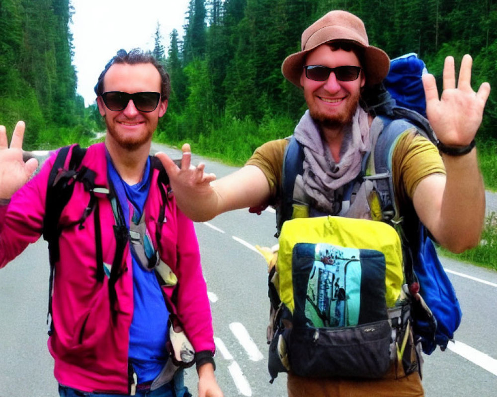 Smiling hikers with backpacks on forest road pose with peace sign