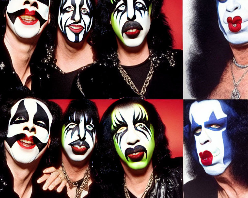 Four individuals in black and white face paint posing like a rock band.