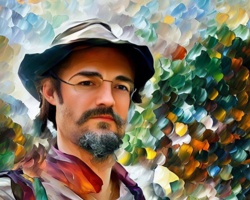 Man in Wide-Brimmed Hat and Colorful Shirt Against Abstract Mosaic Backdrop