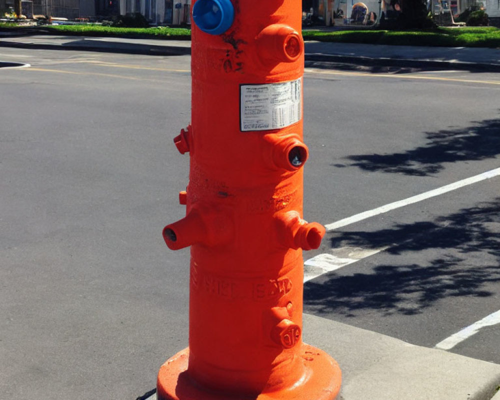 Vibrant orange fire hydrant with blue reflector on sunny sidewalk