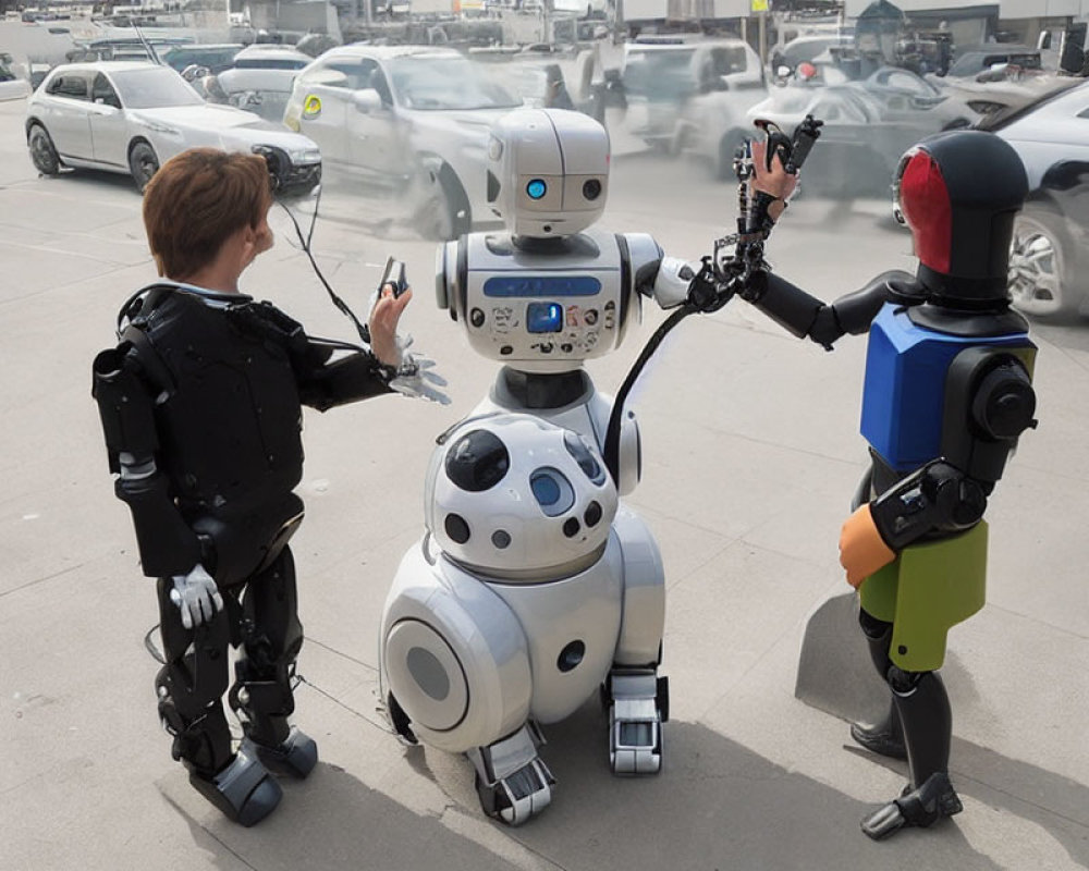Robotic Exoskeleton Selfie with Humanoid Robots in City Street