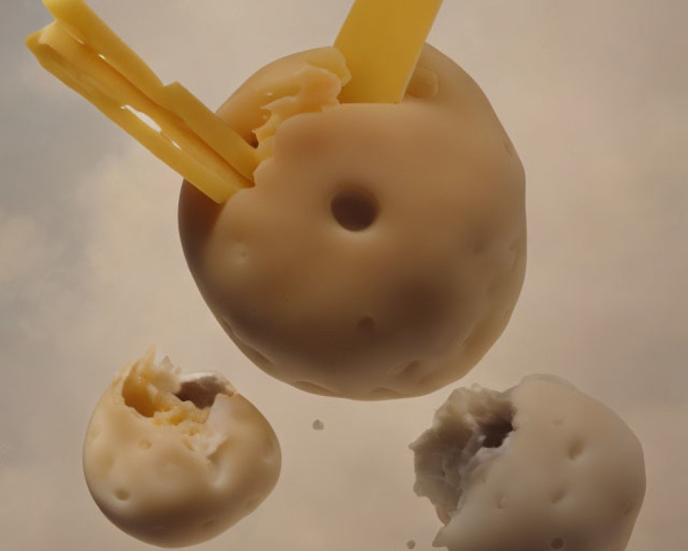 Surreal image of cheese planets in creamy sky
