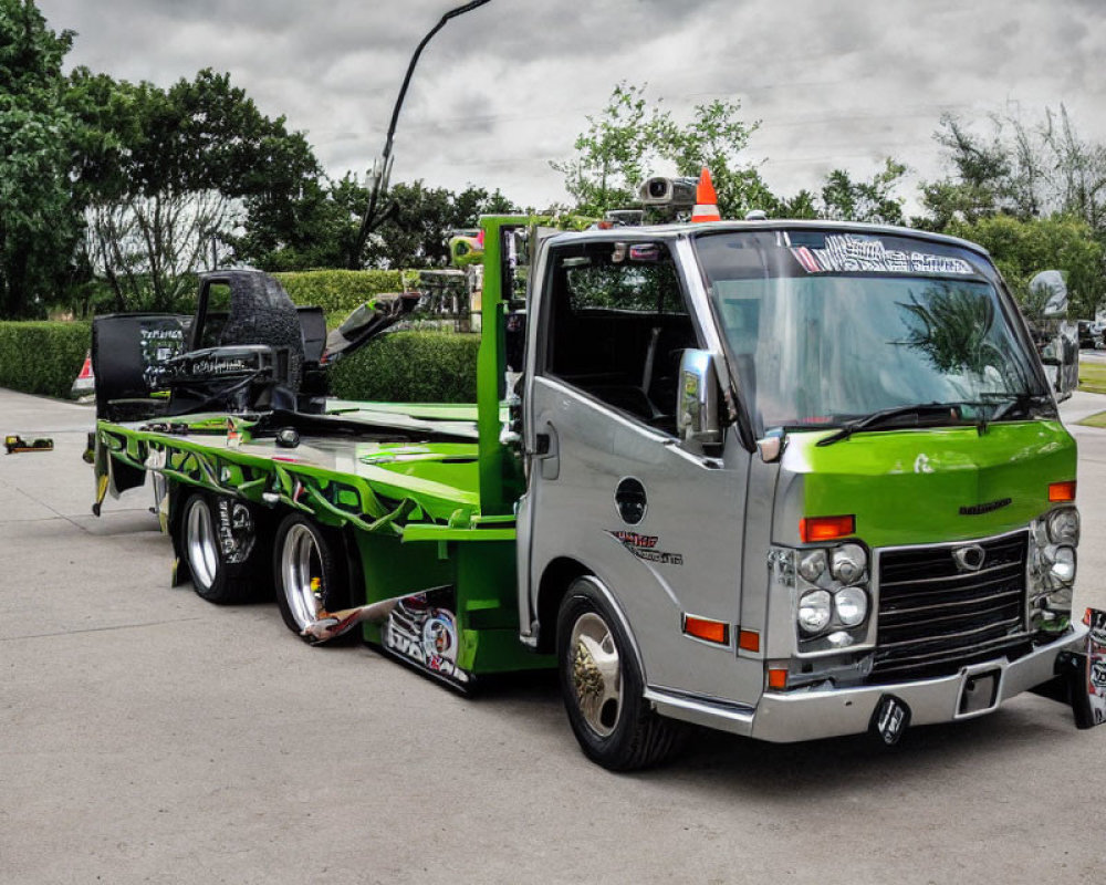 Green and Black Customized Tow Truck with Flatbed and Wheel Lift, Outdoors
